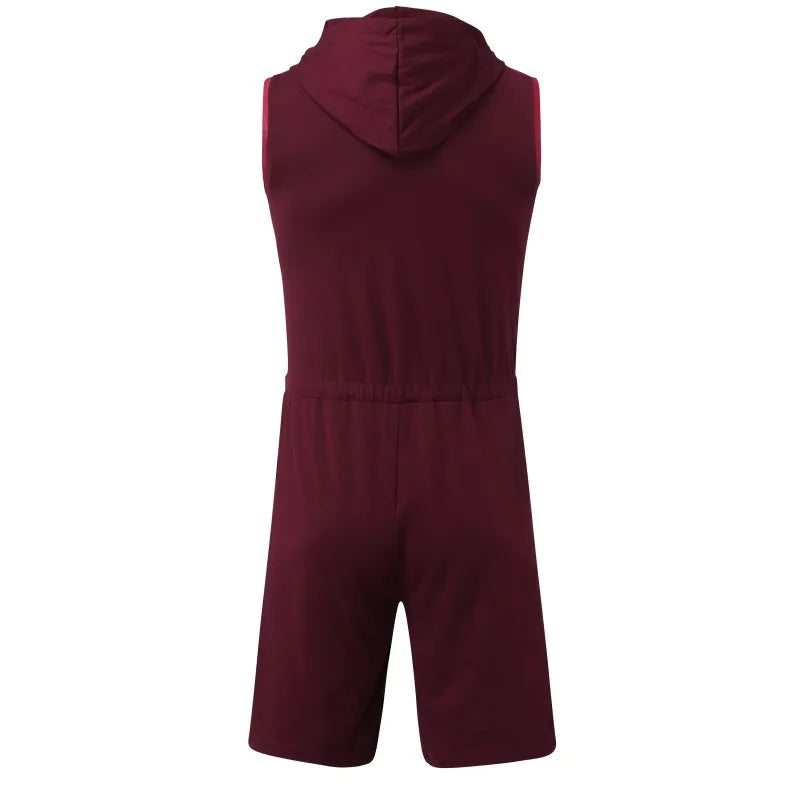 Men Short Jumpsuit Tight Sleeveless Bodysuit Zipper Hooded Rompers Short Pants Casual Home Wear Tracksuit Pajamas