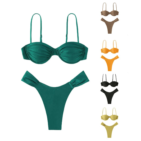 Classics Basics Women Swim Bikini Suit, Solid Color Pleated Sleeveless Bra+ Shorts Briefs Swimwear Swimsuit