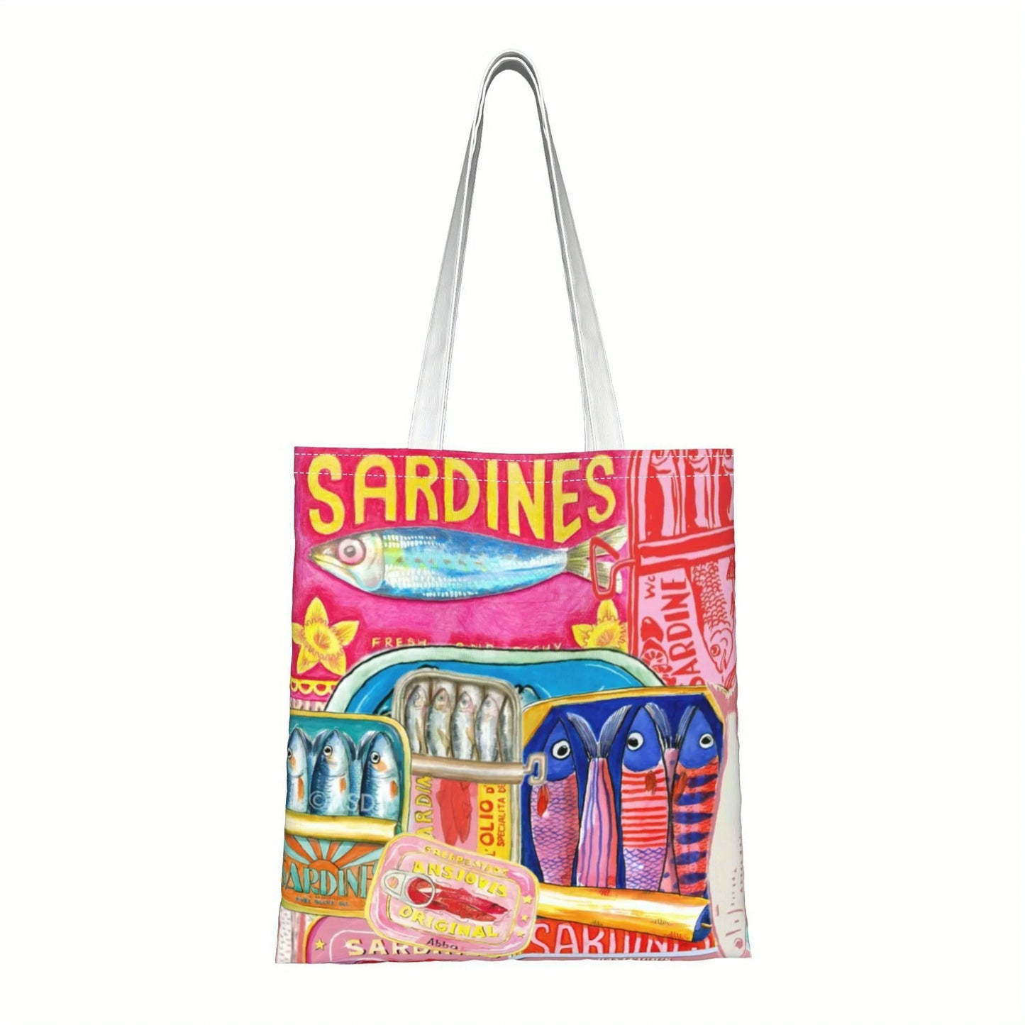 Women's Sardines in Pure Olive Oil Tote Bag Reusable Shopping Bag with Shoulder Straps Vibrant Pink & Red Fish Print Grocery Bag