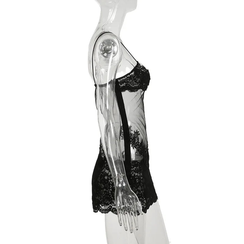 Lace Transparent Mini Dress Sexy Women Wrapping Spaghetti Embroidery Flower Sheath Nightwear Club Mesh Wave Fantacy