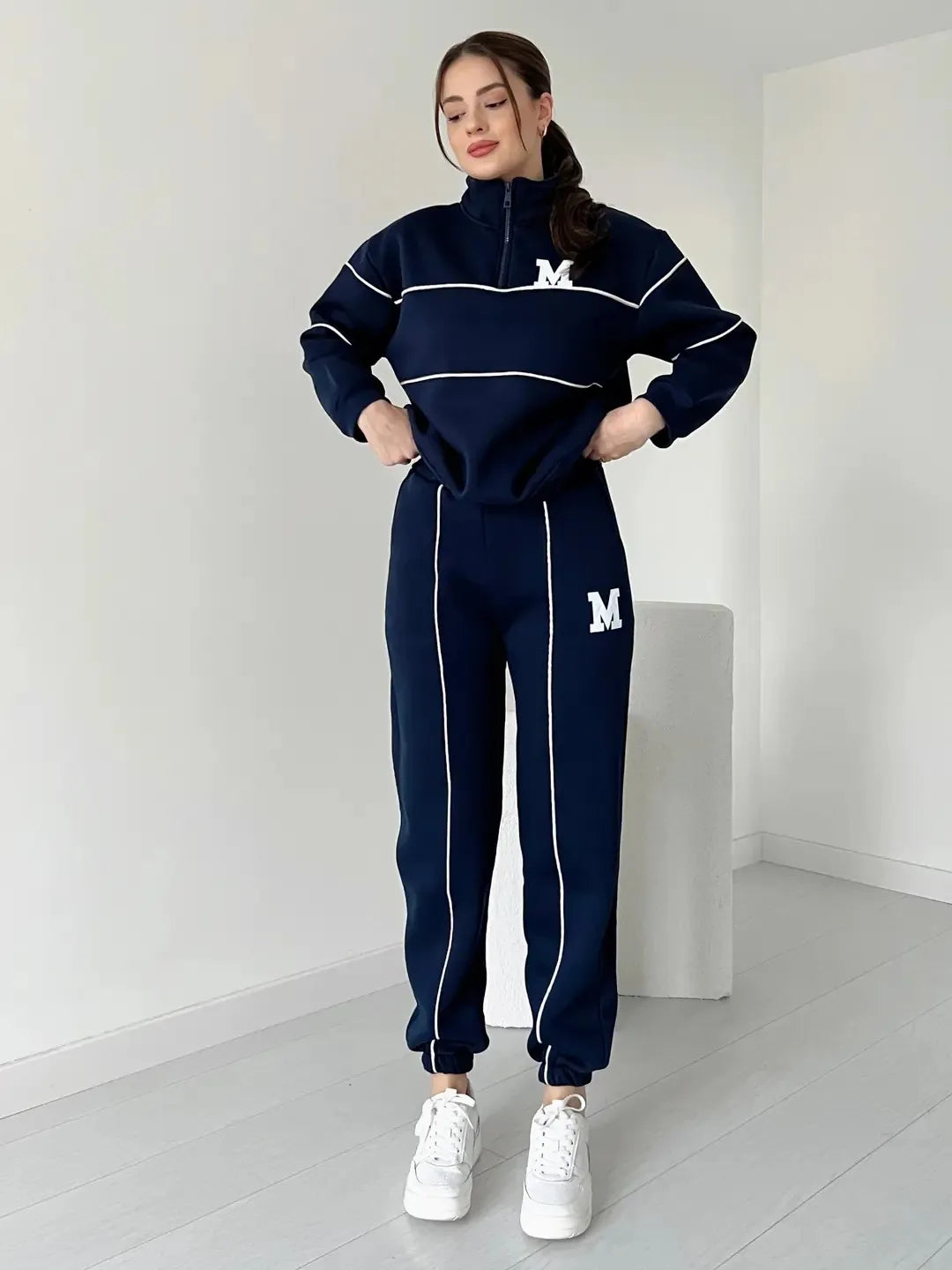 Autumn Winter New Fashion Letter Print Sweatshirt Set Casual Zipper Half Open Collar Long-sleeve Top + Sweatpants Two-piece Suit BAZAARHUBO