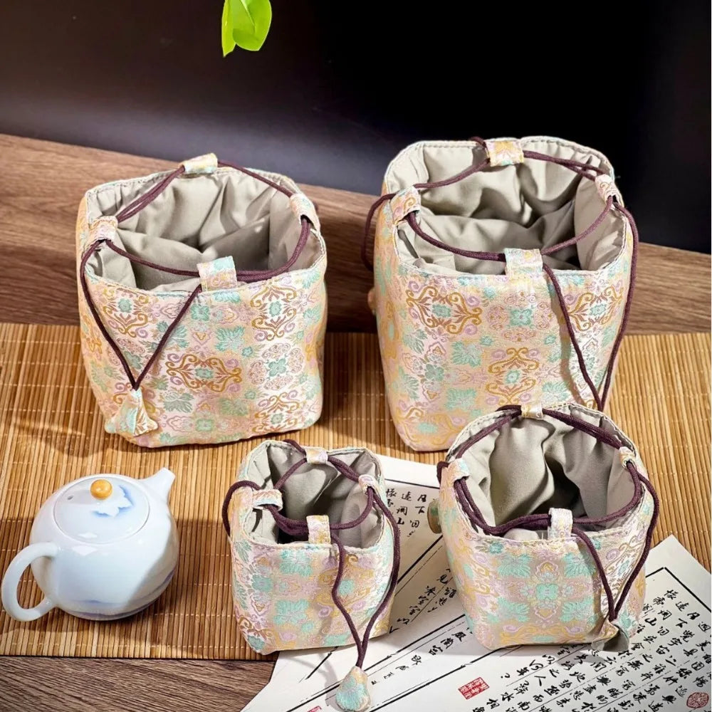 Chinese Style Tea Set Organizer Bag Embroidered Breakage-proof Teacup Drawstring Cloth Pouch Tea Ceremony Accessories