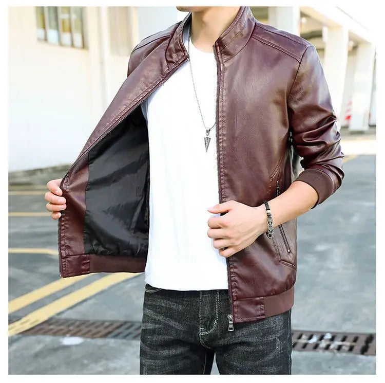 Trendy Casual Loose Jacket for Men with Velvet Thickened Winter with PU Leather Stand Collar