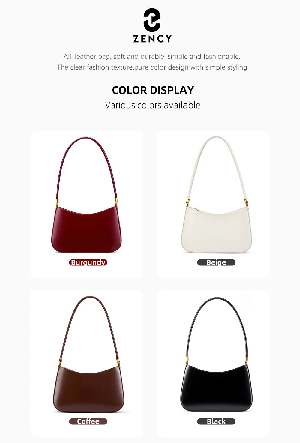 Zency Premium Cow Leather Fashion Shoulder Handbag for Women Trendy 2025 Luxury Designer Underarm Bag