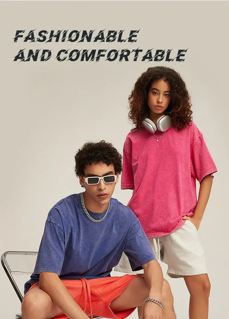 American Style Retro Heavyweight Solid Color Short Sleeved T-shirt Men Women Summer Street Trendy Washed Old Oversized Clothes