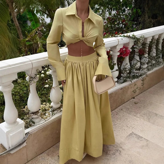 European/American Style Turned Collar, Flared Sleeve Short Top and Skirt Set - African High-end Stylish New Two-piece Set