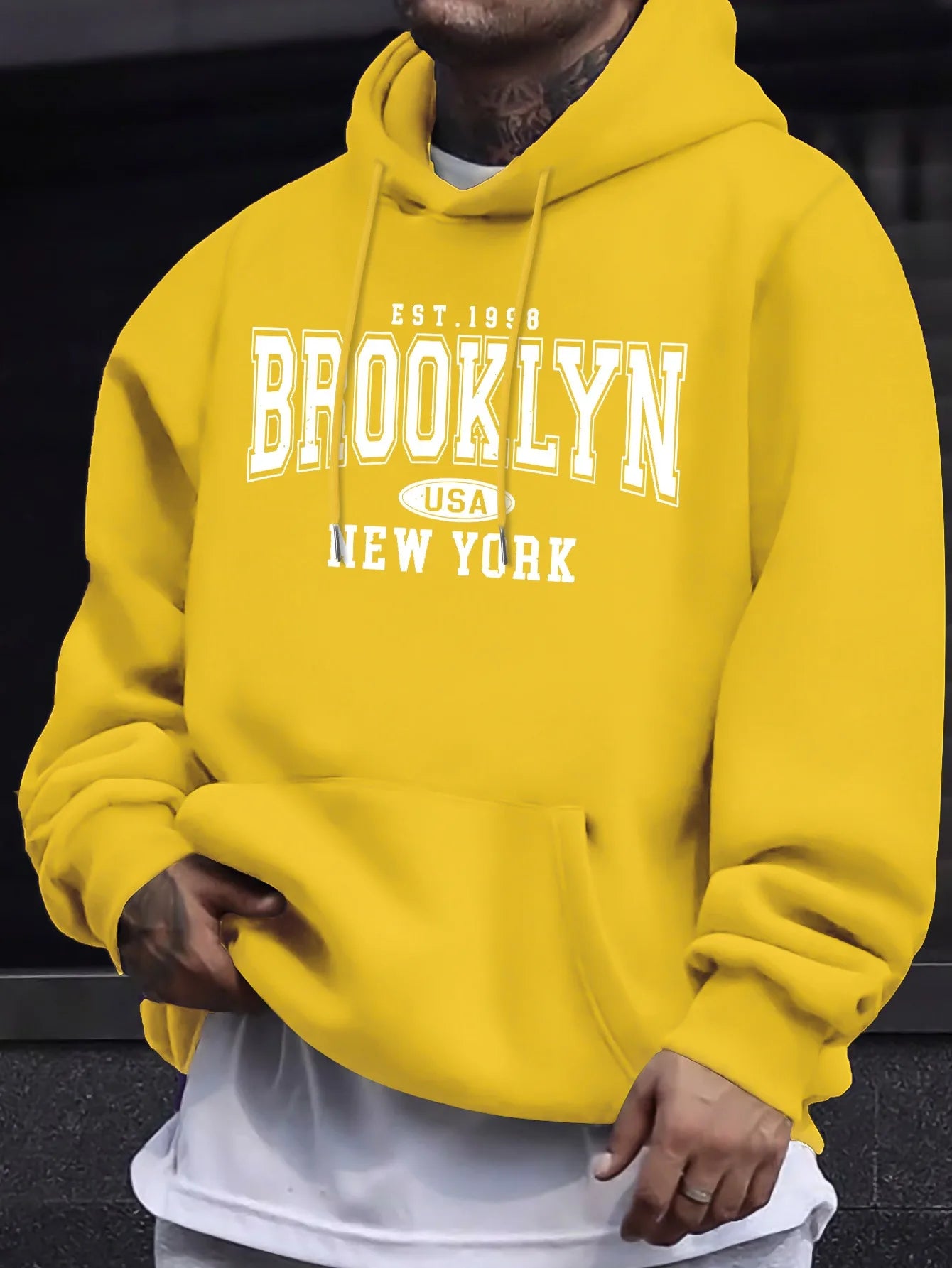 Men's autumn and winter casual fashion loose Brooklyn New York letter printed long sleeved hooded sweatshirt warm pullover BAZAARHUBO