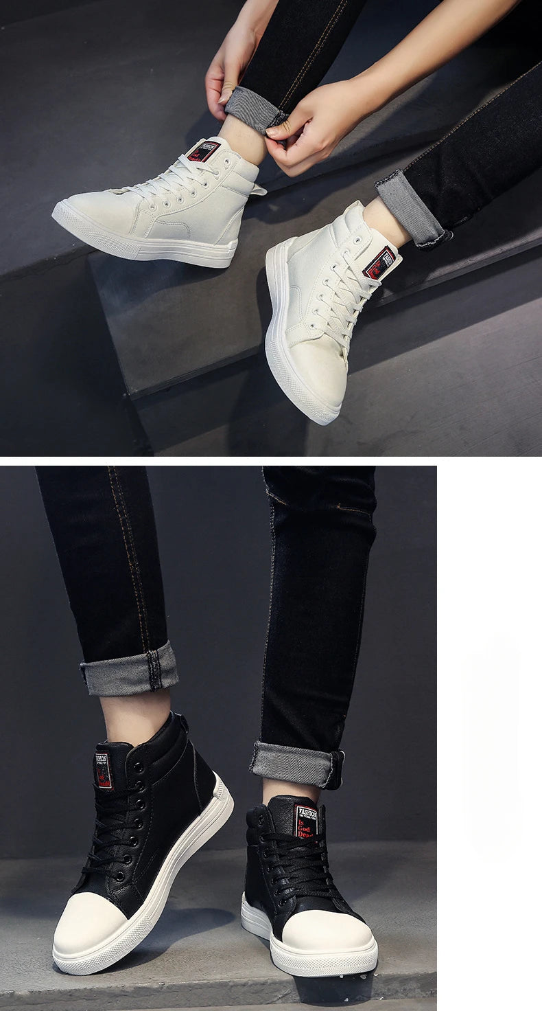 Fashion Leather Men Canvas Shoes Casual High-Top Shoes Autumn Men Non-Slip Tennis Sneakers Summer Flat Shoes Zapatillas