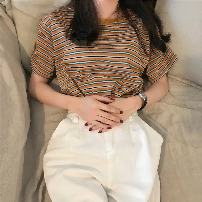 MRMT 2026 Brand New Women's Striped t-Shirts Contrast Color Striped Women t Shirt Loose Woman Bottoming Shirts Tops Tees