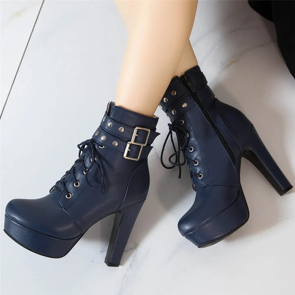 Women Ankle Boots Platform Lace-Up High Heels Short Boot Female Buckle Autumn Winter Red Yellow White Sexy Shoes Large Size34-46