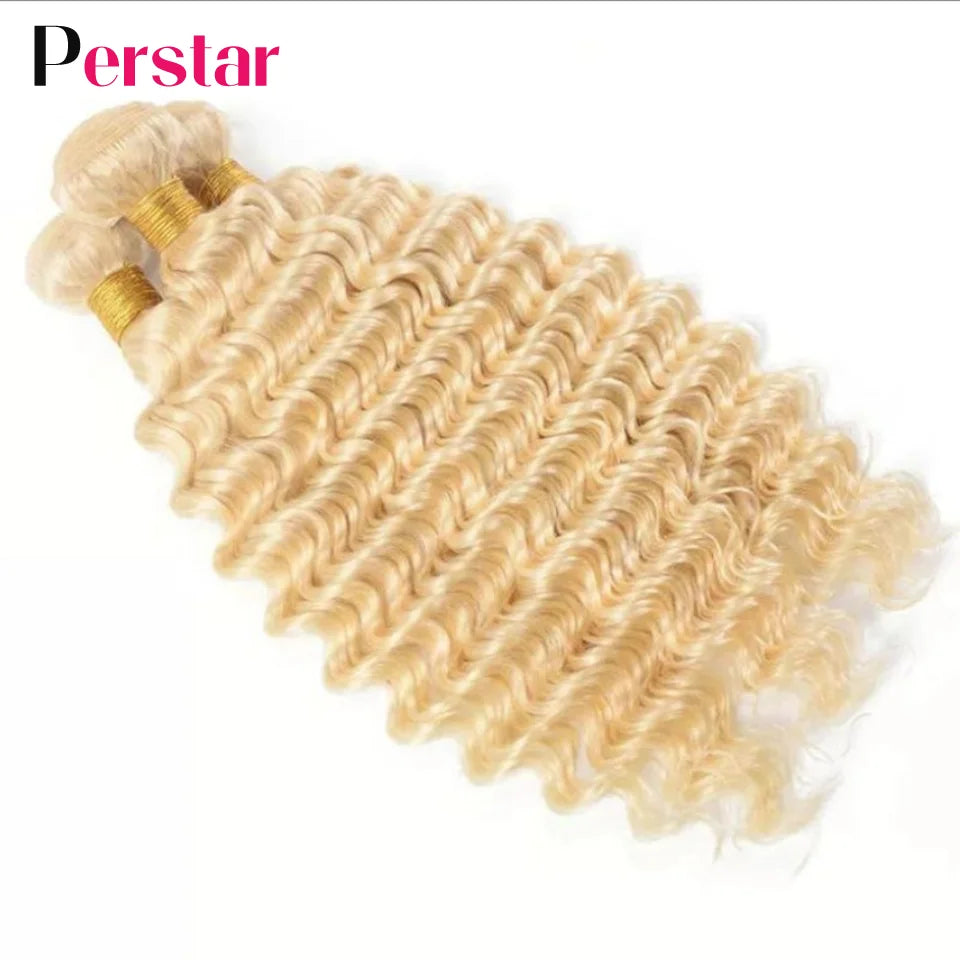 Perstar 613 Blonde Deep Wave Human Hair Bundles Brazilian Hair Extensions 613 Honey Blonde Deep Curly Bundles Human Hair Weave