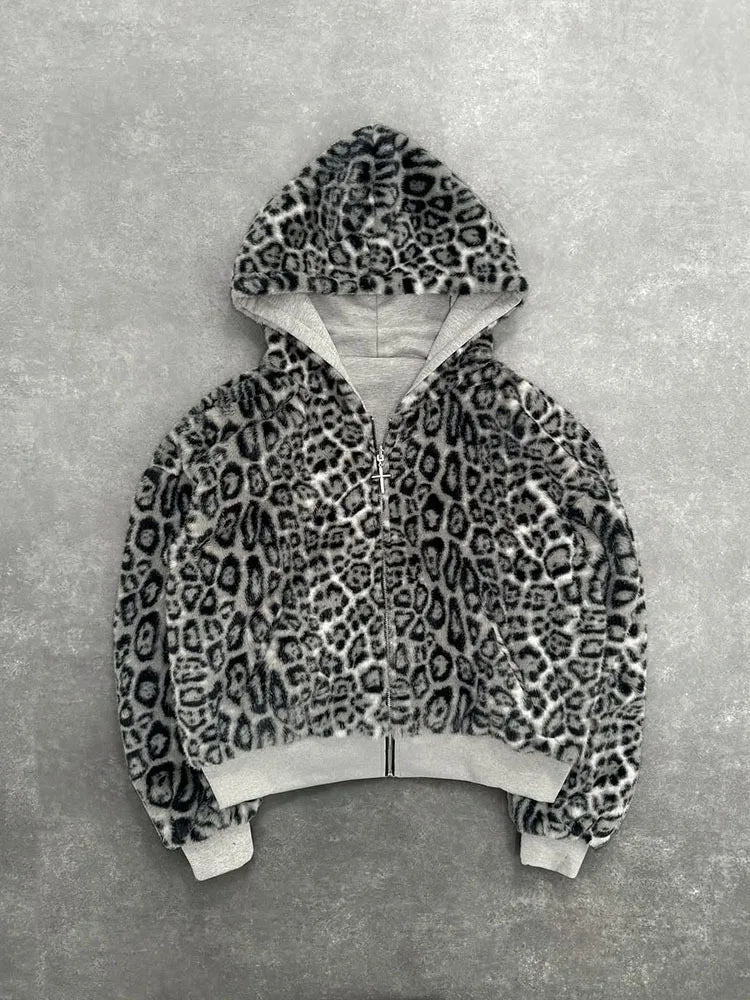 New Autumn Winter New Hooded Sweatshirt Both Sides Women's Jackets Fashion Retro Leopard Print Zipper Hoodie Loose Tops Female