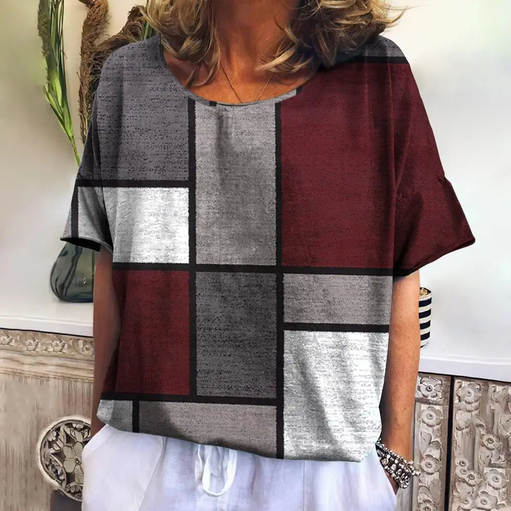 Summer Plaid T Shirt For Women O Neck Casual Sweatshirt New Tees Harajuku Clothing Loose Short Sleeve Blouse Female Fashion Tops