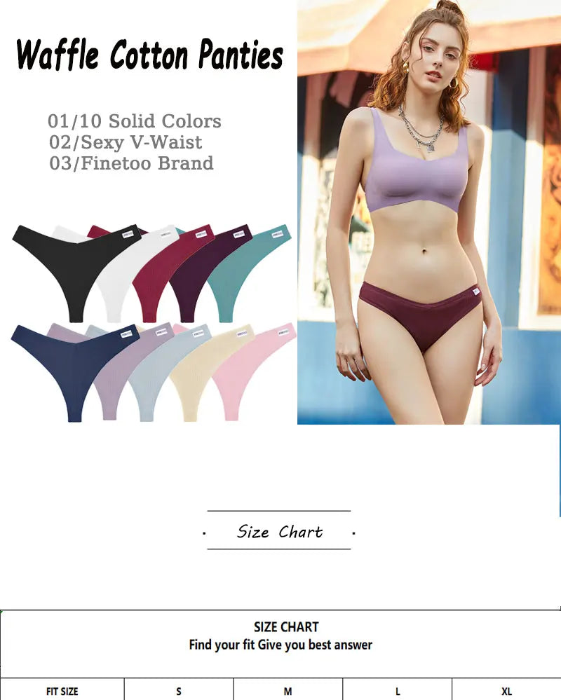 10PCS/Set Women Waffle Cotton Thongs Panties Female Breathable G-String Underwear Ladies Sexy V Waist Bikini Girls Soft Lingerie