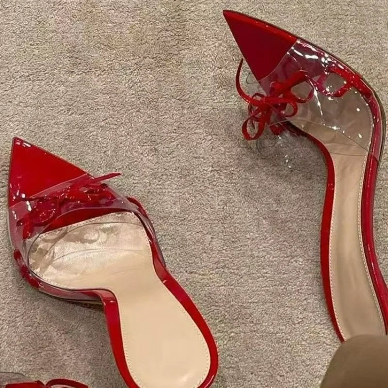 Women's Fashion Pointy Open Toe Transparent Band Butterfly Knot Set Foot Non-slip Slippers Summer Super High Heels