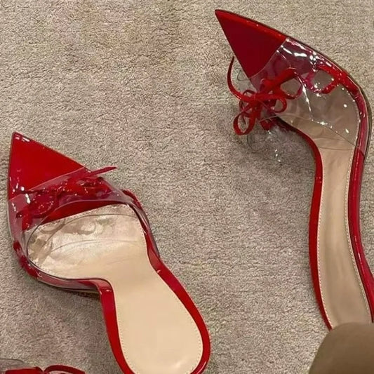 Women's Fashion Pointy Open Toe Transparent Band Butterfly Knot Set Foot Non-slip Slippers Summer Super High Heels