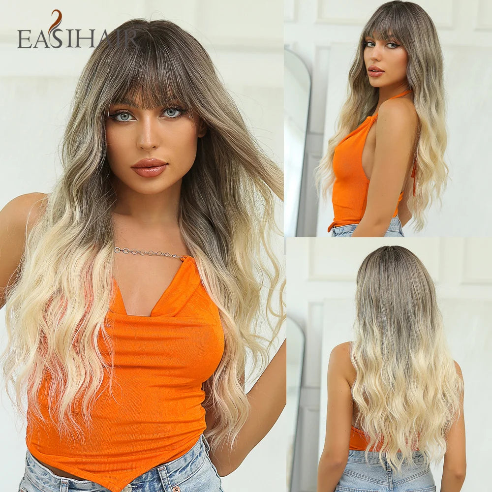 EASIHAIR Dark Brown Long Curly Synthetic Wig with Bangs Brown Women's Wigs for Cosplay Daily Use Heat Resistant Natural Hair