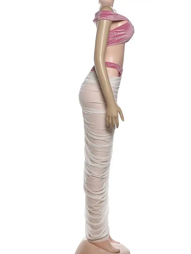 Sexy Fashion 2 Piece Set Woman Velvet Cross Kink Tank Tops+Hollow Design Ruched Long Skirts Club Party Coquette Outfits