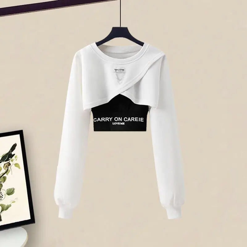 Korean Elegant Sportswear Suit Women's Spring Autumn Fashion Short Sweater+Suspenders+Pants Three Piece Female Tracksuit Set