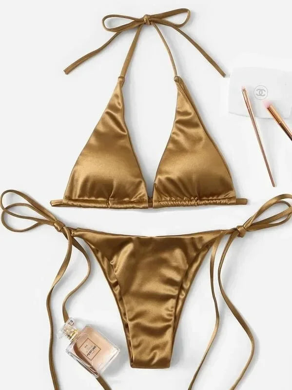 Sexy Halter Satin Brazilian Bikini Women Swimwear Female Swimsuit Two-pieces Bikini Set Bather Bathing Suit Swim Women Swimsuit