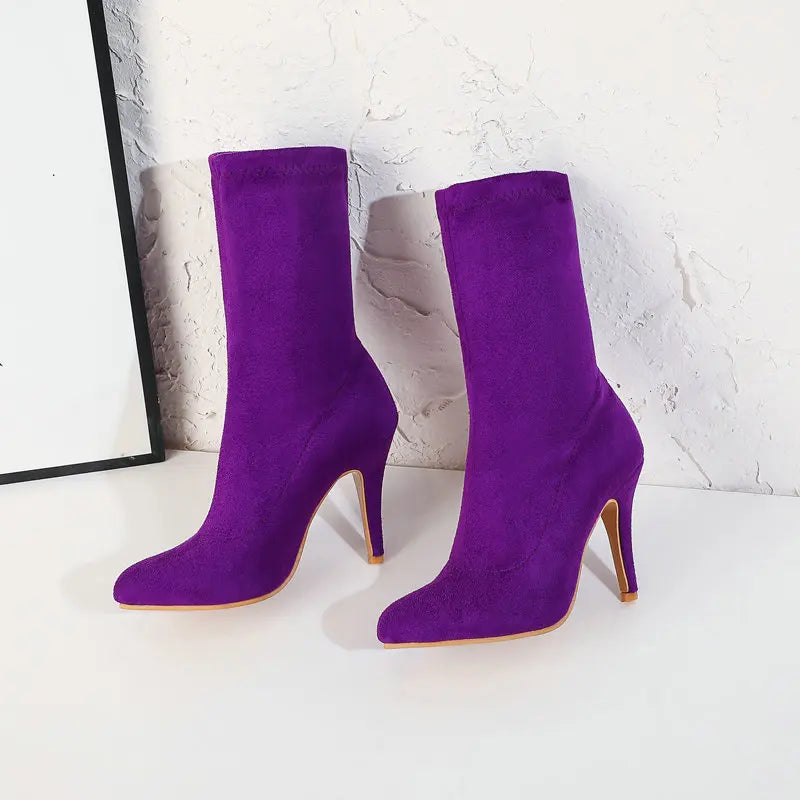 2023 Autumn Winter Sock Short Boots Lady Mid-Calf Thin High Heels Large Size 46 Fashion Women Shoes Elastic Flock Pointed Boots