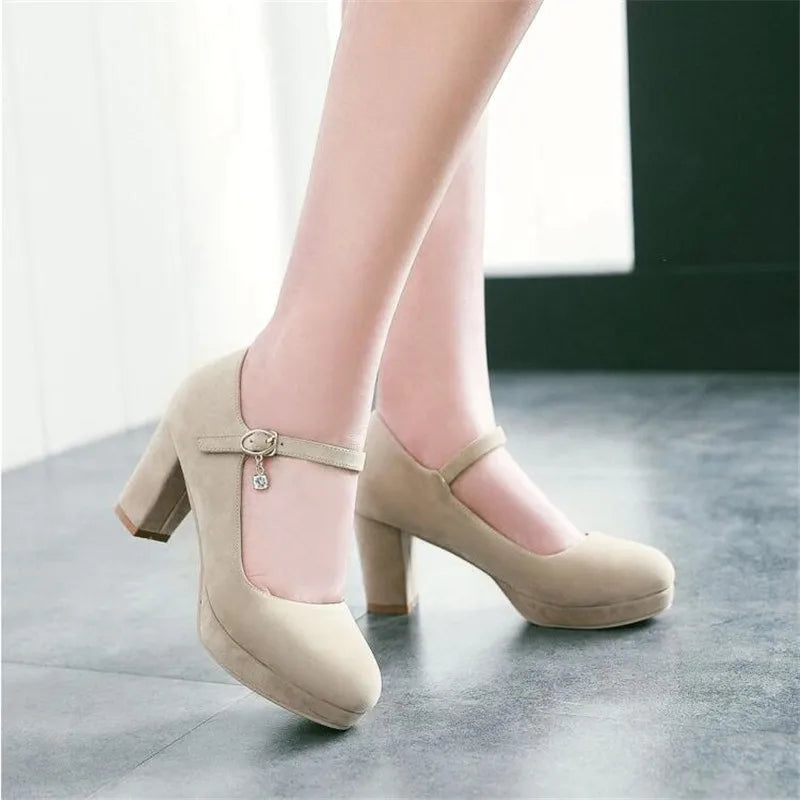 Women Pumps Ankle Strap Red Bridal Wedding Party Platform Dress High Heel Shoes Suede Ladies Black Office Shoes 32-43