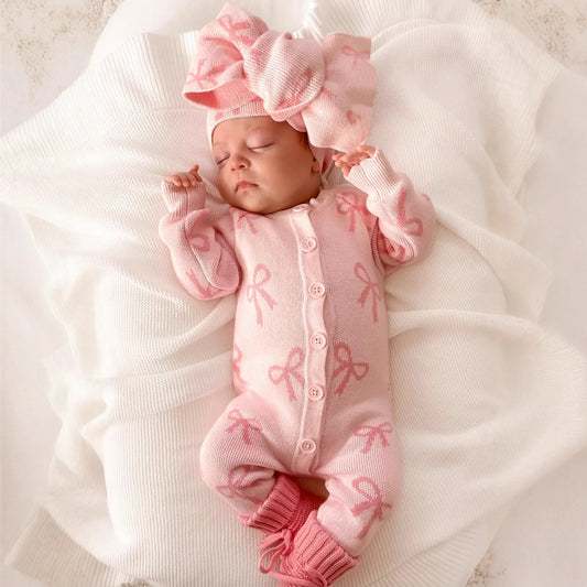 Baby Girl Knitted Romper Autumn Winter Long Sleeve Pink Jumpsuit Infant Sweet Cardigan Style Bodysuit Warm Outfit 0-24M