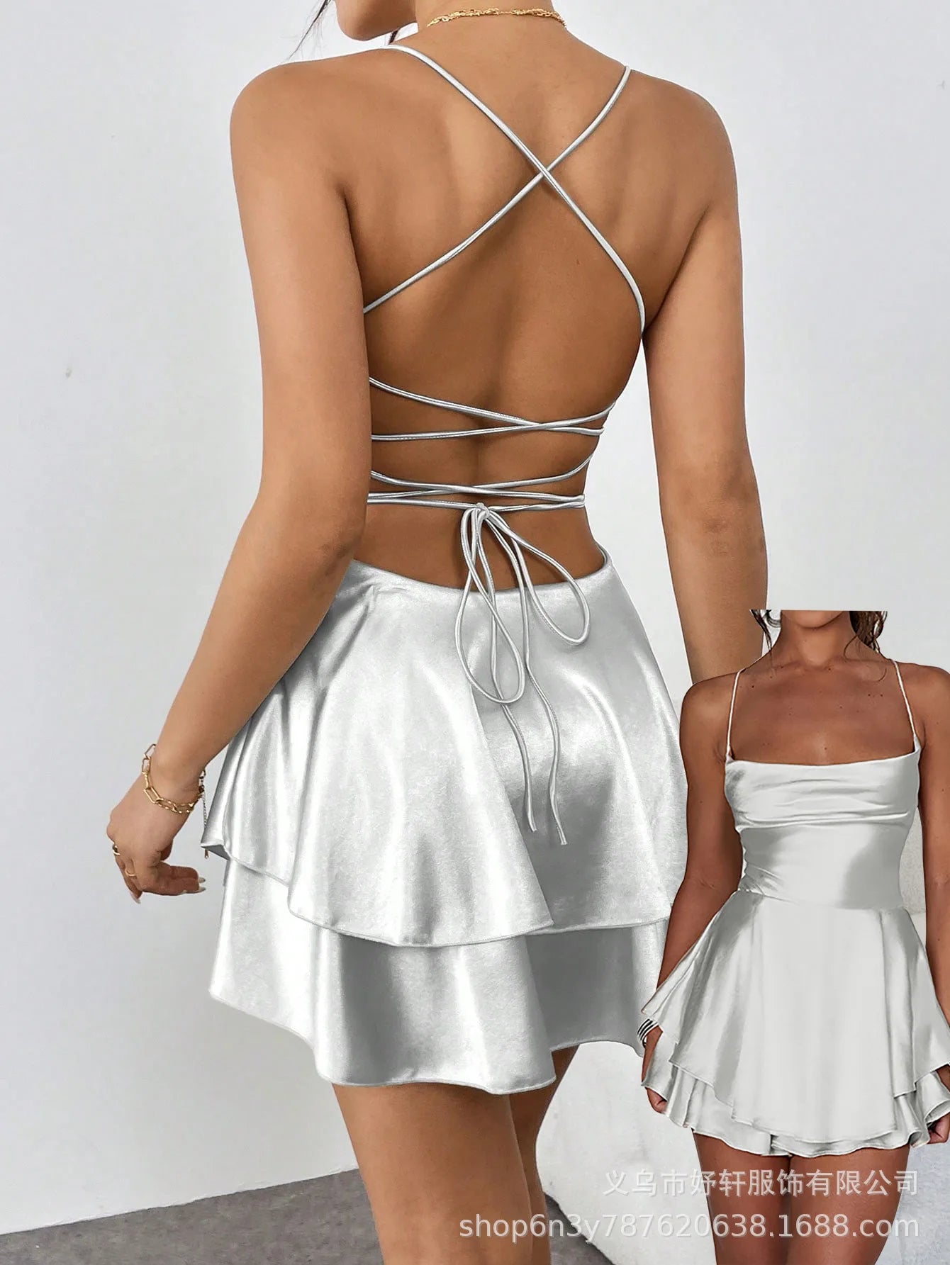 Sexy Dress Mini vestidos Elegant Bodycon Spaghetti Strap solid Color Leace-up Fashion Simple Style Banquet Backless Ruffles Slim
