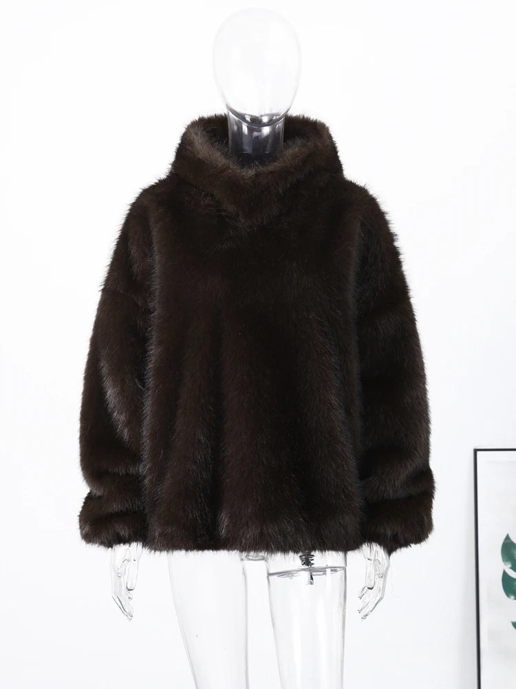 Luxury Faux Fur Hooded Pullovers Women's Loose Full Sleeve Stand Collar Pocket Coats 2025 New Autumn Winter Ladies Solid Outwear
