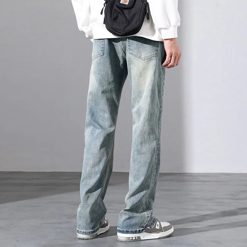 2026 New Mens Fashion Retro High Street Jeans Spring Summer Loose Casual Straight Leg Micro Flared Long Trousers Male Streetwear