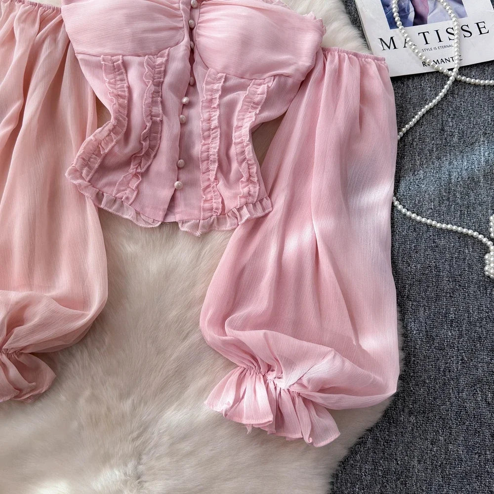 Chiffon Blouse for Women Slash Neck Off Shoulder Solid Color Camisas Ruffles Folds Backless Summer Blusas De Mujer Chic Dropship