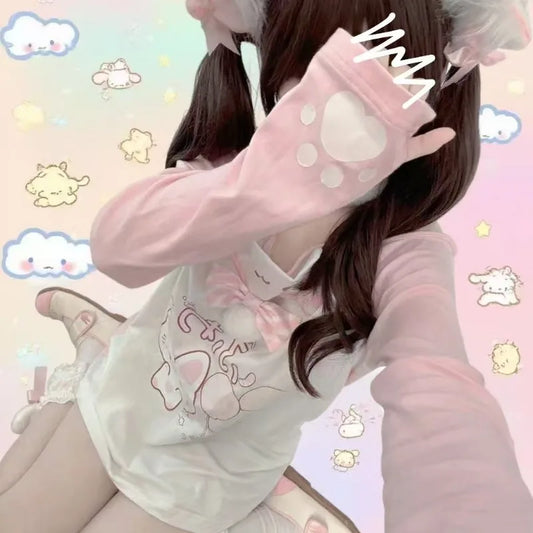 Sweet Kawaii Cartoon Print Women T-shirt Lace Patchwork Bow Slash Neck Off Shoulder Cute Graphic Tees Y2k Aesthetic Tshirts Tops
