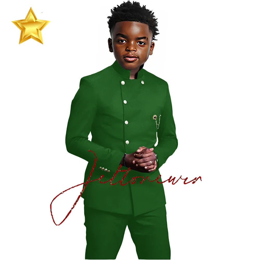 Elegant African Style Boy's Suit Stand Collar Blazer and Pants 2 Piece Casual Business Kids Wear