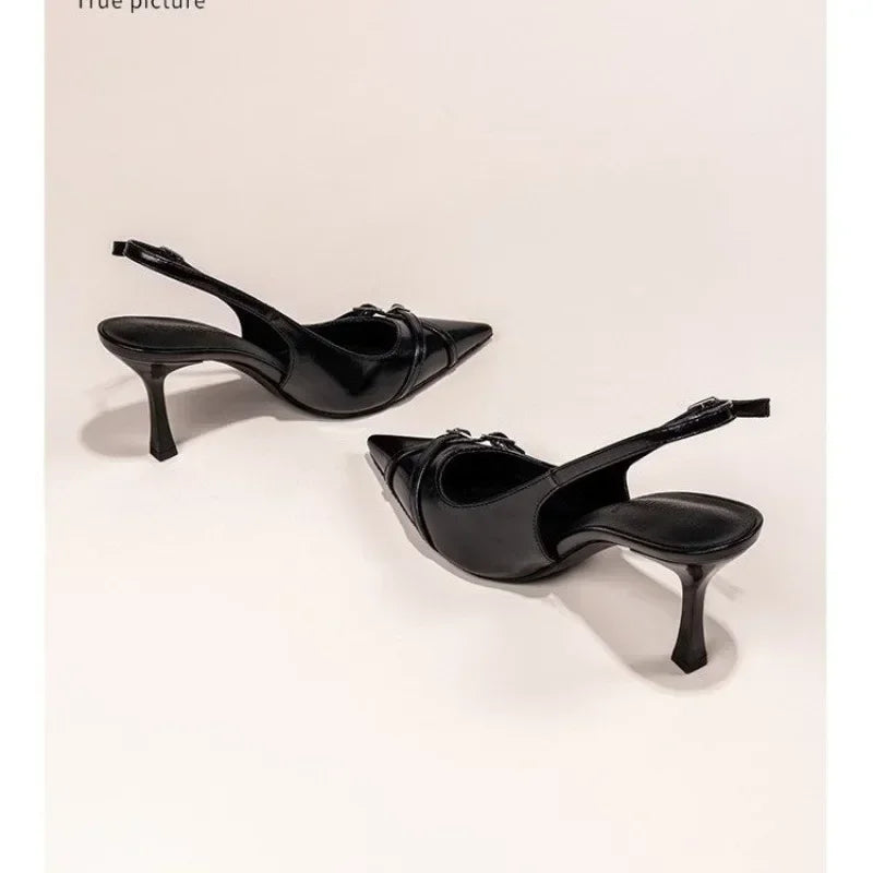 Summer Elegant Buckle Decorated Black Stiletto Women's Sandals Fashion Pointed Toe Shallow Mouth New Sexy High Heels
