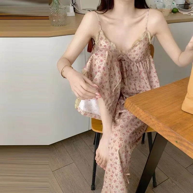 New Summer Vintage Floral Print Pajama Set with Padded Straps and Long Pants for Girls – Women's Summer Loungewear and Sleepwear