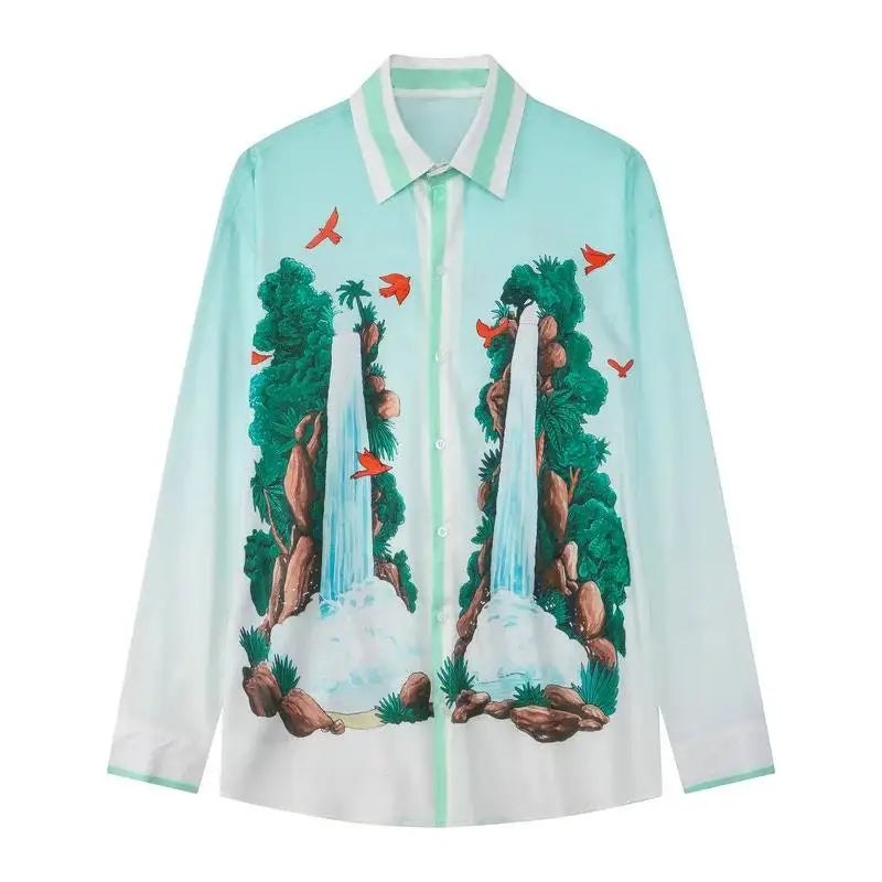 2025 Casual Vintage Beach Cardigan Loose-Fit Long Sleeve Shirt Men Women's Fashionable Fall Leisure Wear Chemise Homme