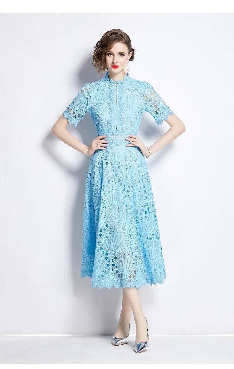 SMTHMA Vintage High-End O-Neck Short Sleeve Lace Hollow Out Dress For Women's Summer Slim Elegant Long Dress Female Clothing