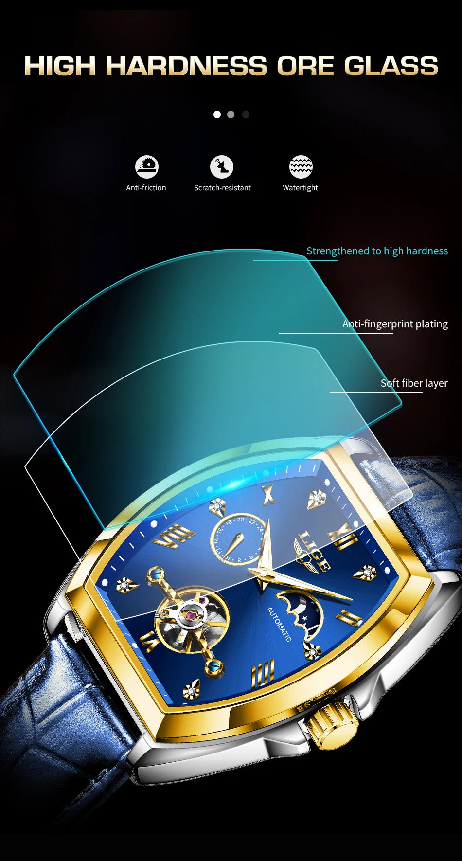 LIGE Luxury Mens Rectangular Dial Mechanical Watches Waterproof Leather Automatic Luminous Watch Business Men relogios masculino