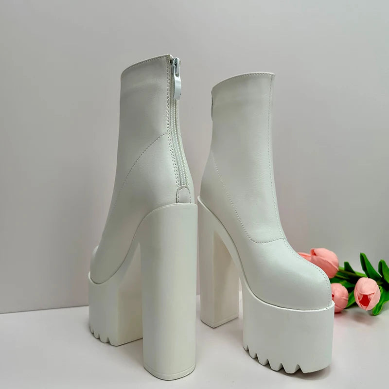 16CM Super High Heels Motorcycle Boots New Square Heel Platform Women Ankle Boots Sexy White Pleated Back Zipper Short Boots