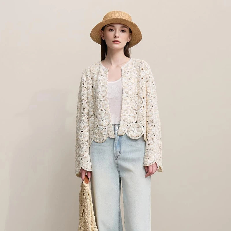 Amii Women Jackets 2026 Spring New Elegant Round Neck Hollow Crochet Jacket Women's Loose Short Cotton Long Sleeve Tops 12621069