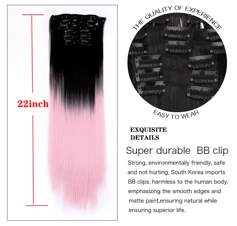 22 Inches Synthetic Long Straight Hairstyle 16 Clips 6Pcs/Set Hair Extensions Blonde Black Hairpieces Heat Resistant For Women