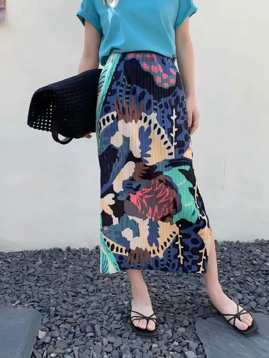 Miyake Print Midi Skirt, Summer Pleated Women's Clothing, Elastic Waist Straight Skirt