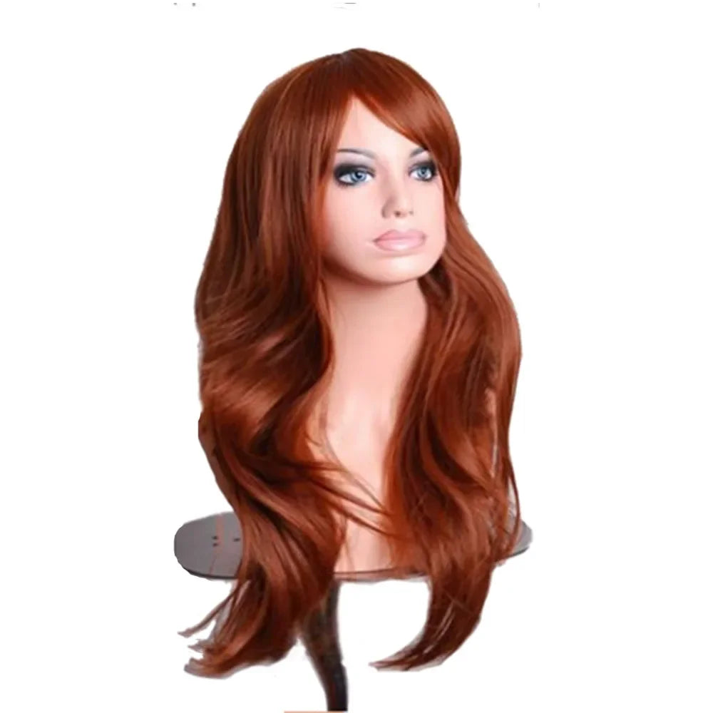 QQXCAIW Long Wavy Cosplay Wig Red Green Purple Pink Black Blue Sliver Gray Blonde Brown 70 Cm Synthetic Hair Wigs