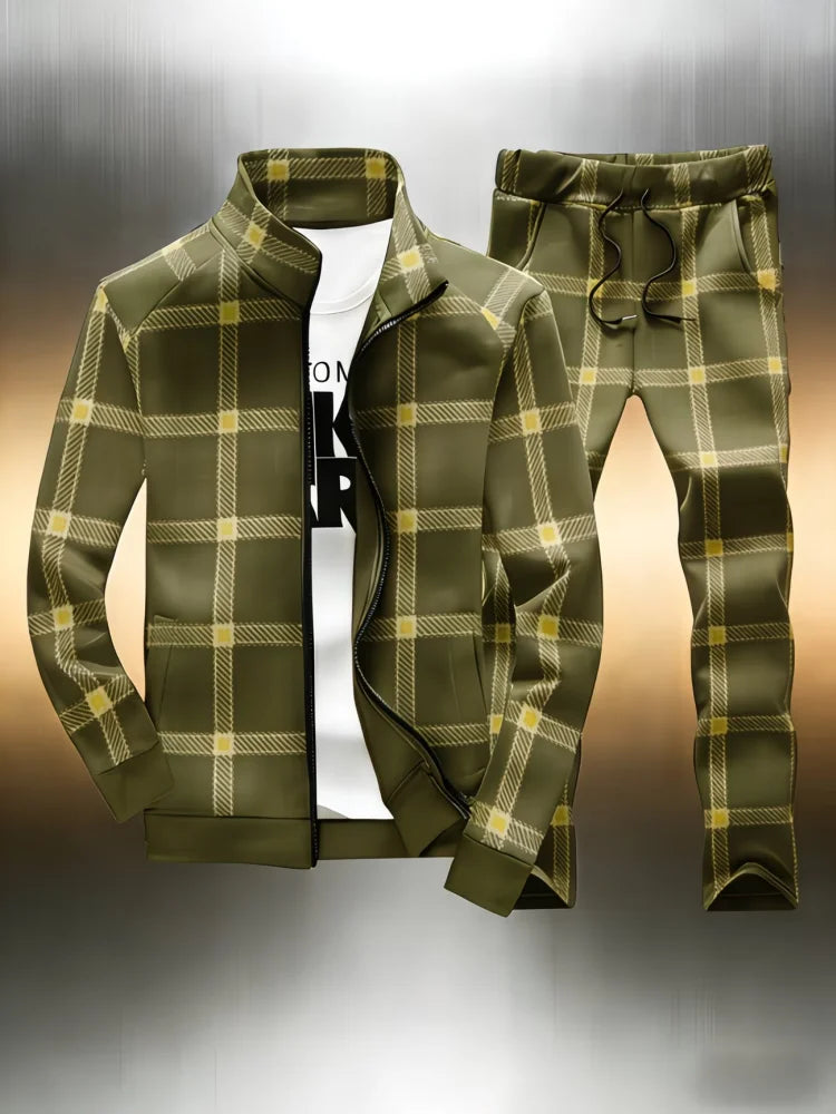 Men's Plaid Tracksuit 2 Piece Set Office Man Stand Collar Full Zip Jacket + Jogger Pants Casual Sportswear Outfit Male Clothings