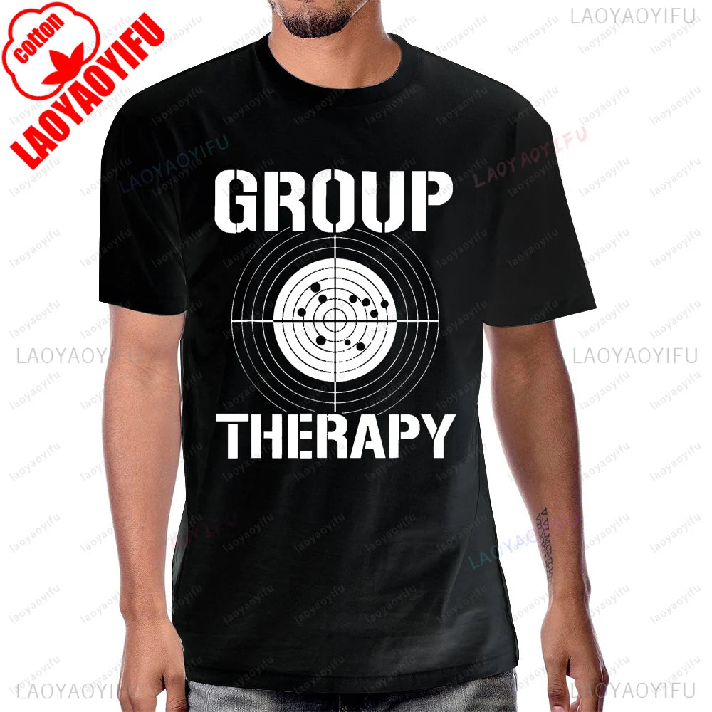 Group Therapy Shooting  Funny Gun Graphic T-Shirt Casual Fashion Loose Harajuku Man Tshirt Hip Hop Summer Short Sleeve Women Tee