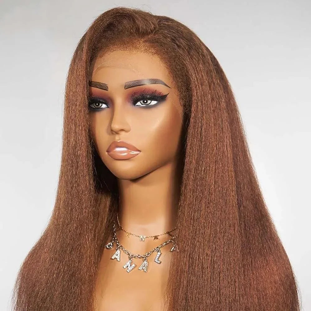 180Density Soft 26“Long Kinky Straight Yaki Soft Brown Preplucked Lace Front Wig Synthetic For Women Heat Resistant Glueless