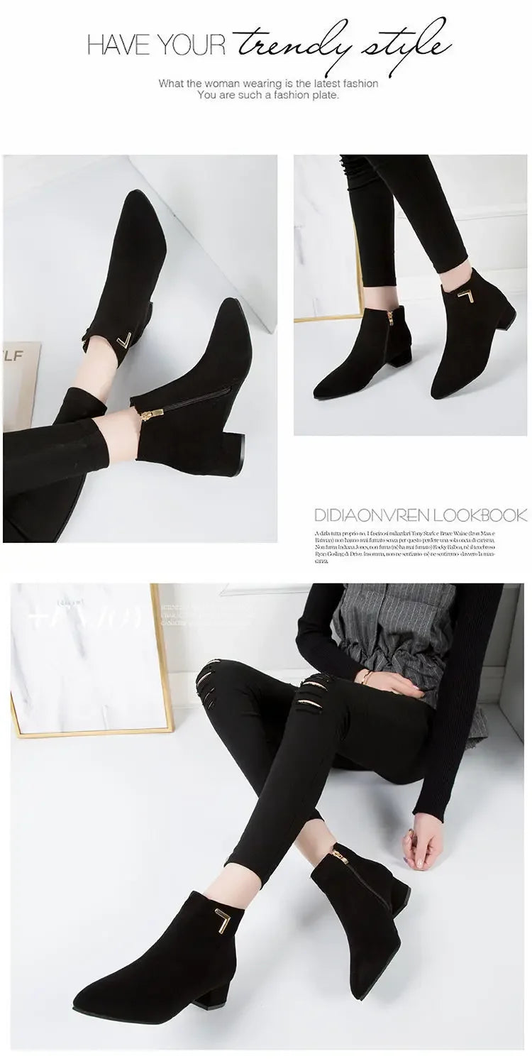 Short women's boots 2025 autumn/winter new Korean version medium thick heel short boots with zipper frosted face pointed single