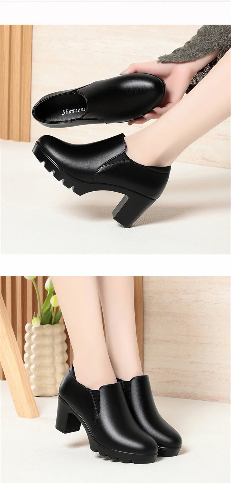 Round Toe Deep Mouth Single Shoes High Heels Thick Heels Versatile Spring Autumn Thick Sole Waterproof Platform Leather Shoes