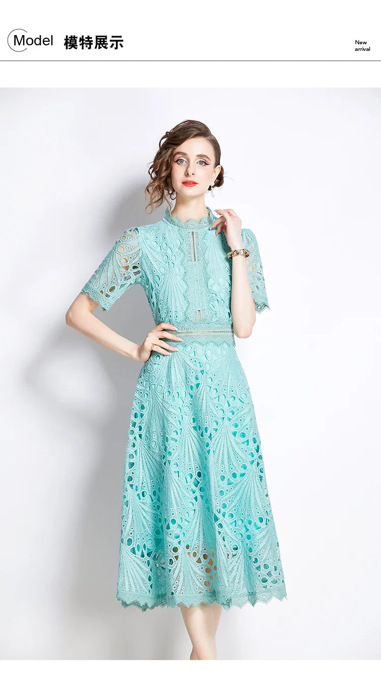 SMTHMA Vintage High-End O-Neck Short Sleeve Lace Hollow Out Dress For Women's Summer Slim Elegant Long Dress Female Clothing