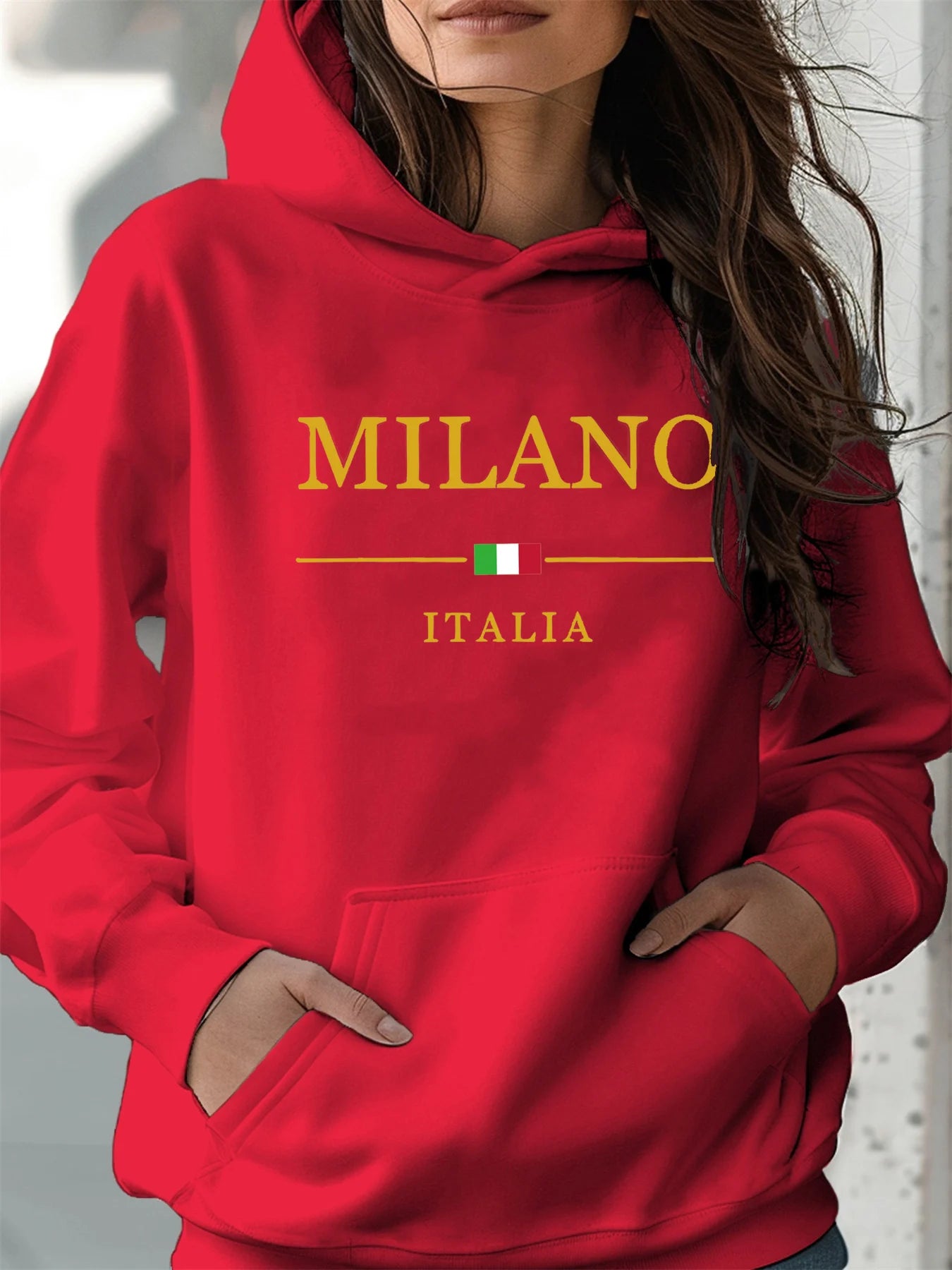 Women's autumn and winter warm and loose casual MILANO ITALIA pattern printed suede long sleeved hooded sweatshirt BAZAARHUBO